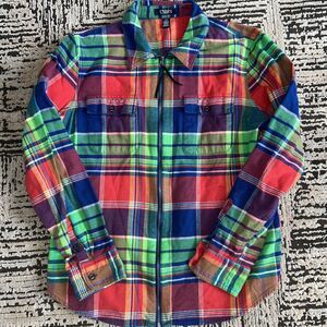 Vintage Chaps Zip Up Flannel Shirt Womens Large Colorful Plaid Top